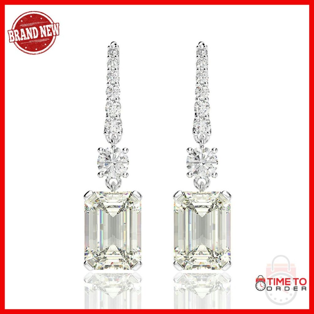 Sterling Silver Emerald Cut Simulated Diamond Dangle Earrings 8ct/Pair